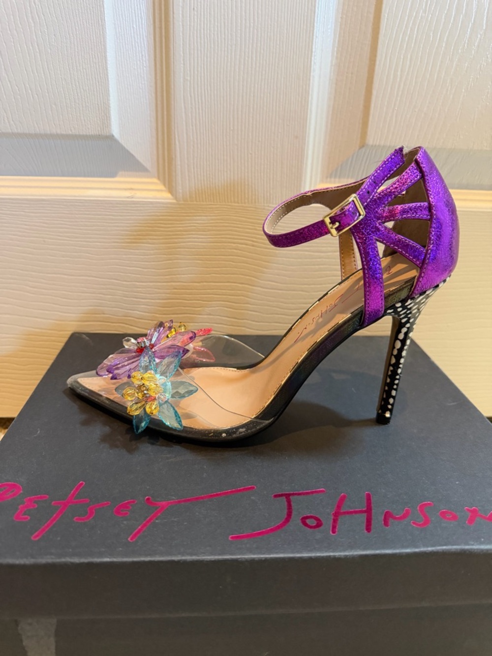 Betsey Johnson Purple Ankle-Strap Heel with Multicolor Crystal Flowers